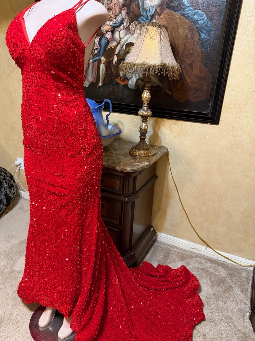 Red Sequin V-Neck Evening Gown - Picture 3 of 12